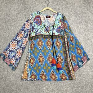 Avani Del Amour Tunic Blouse Womens M Western Boho Patchwork Mixed Print Tassle*